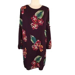 LOFT Chiffon Tunic Dress Long Bell Sleeves Boat Neck Knee Length Sz Large Floral